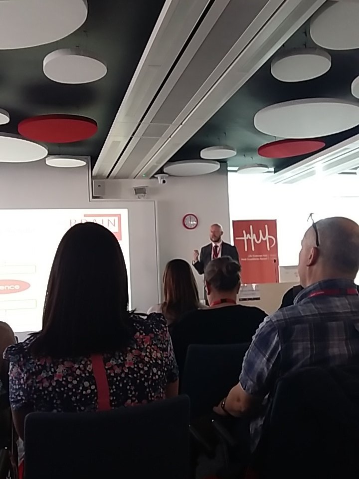 EmmaYhnell's tweet photo. Prof Liam Gray talking at the launch of @cardiffuni #BRAINunit @CUBRICcardiff @CV_UHB @HDAwareness @HDAI_ie https://t.co/mmc8YN5JCW