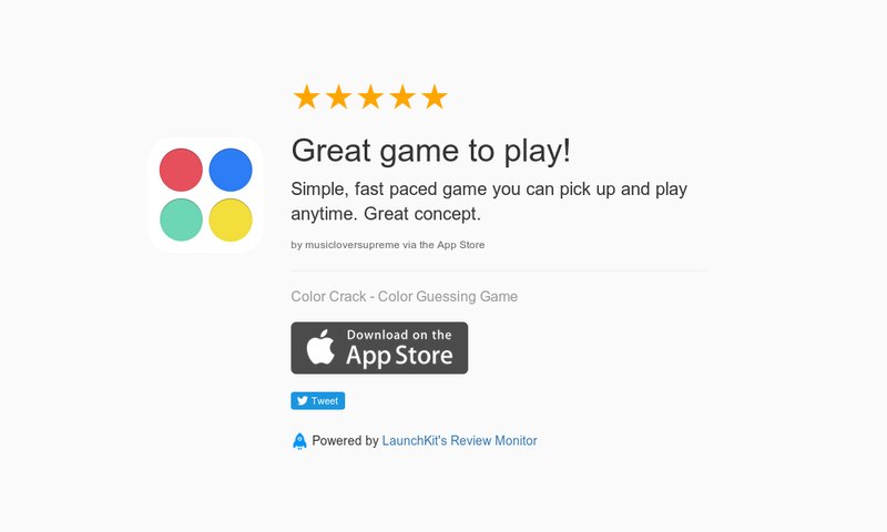 ColorCrack's tweet image. 5 Star Review: "Great game to play!: Simple, fast paced game you can pick up and play anyt…" launchkit.io/reviews/3bbMN4…