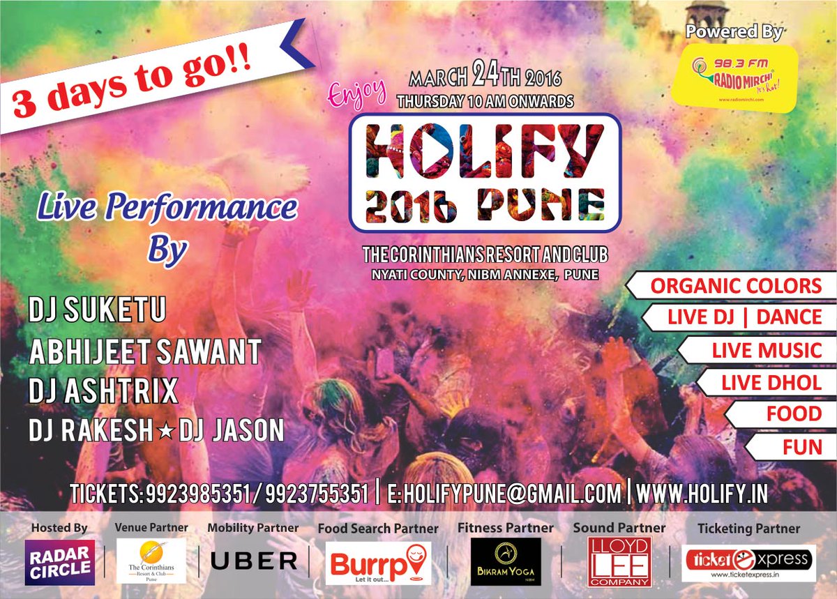 HolifyPune's tweet photo. 3 DAYS TO GO!! for the happiest holi festival @HolifyPune @abhijeetsawant5 @djsuketuindia @DjAshtrix #Holi #HoliHai https://t.co/qiupOVnS7d