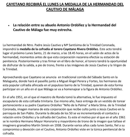 tauraula's tweet photo. @Cayetano_Rivera recibirá la medalla de la hermandad del @cautivotrinidad de @Malaga https://t.co/TMXHFWdwMb