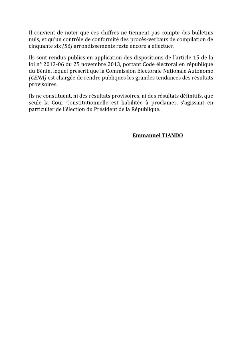 La @Cenabenin2016 donne les grandes tendances du second tour, élection présidentielle 2016