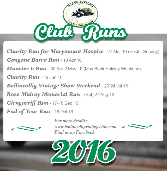 Ballincollig Vintage Club events &amp; prizes 🏆
View the full calendar &amp; info on our website bit.ly/1Rw5SbI