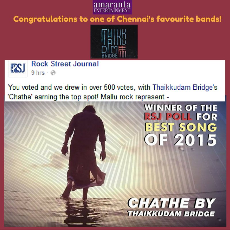 AmarantaEnterta's tweet photo. Congratulations #ThaikkudamBridge #Chathe #RSJPoll #BestSongOf2015 Back at #TMF4 this August! https://t.co/9kGO1hpKXa