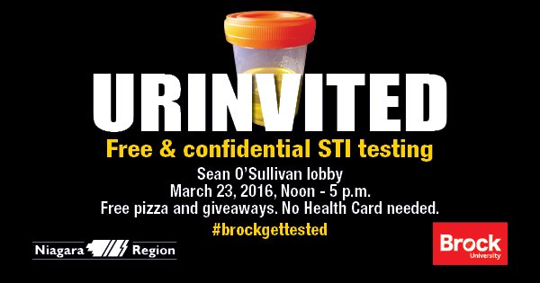 BrockUniversity's tweet photo. Free anonymous STI testing brought to you by @BrockSHS and @NRPublicHealth this Wednesday #BrockU #BrockGetTested https://t.co/hg24AcAPa9