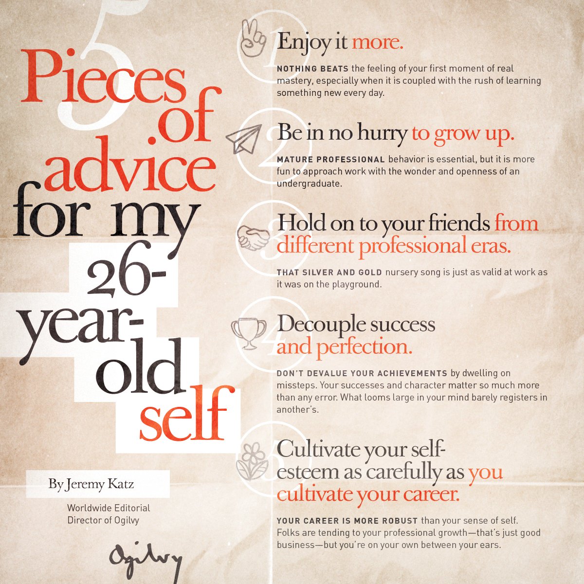 Ogilvy's tweet photo. 5 Pieces of advice for my 26-year old self - Jeremy Katz, WW Editorial Director of Ogilvy #mondaymotivation https://t.co/qCe3hGHXuH