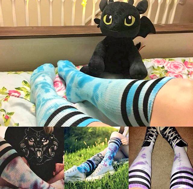 WithoutReasonUK's tweet image. We're not (so) ill anymore! We're thinking of being the socks back? What you think? #tiedye #kneehigh #socks #dragon