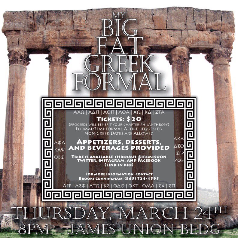 IFCMTSU's tweet photo. Have you heard? We're hosting an all-Greek formal this Thursday! Ticket proceeds benefit philanthropy. Link in bio. https://t.co/FWk45s627m