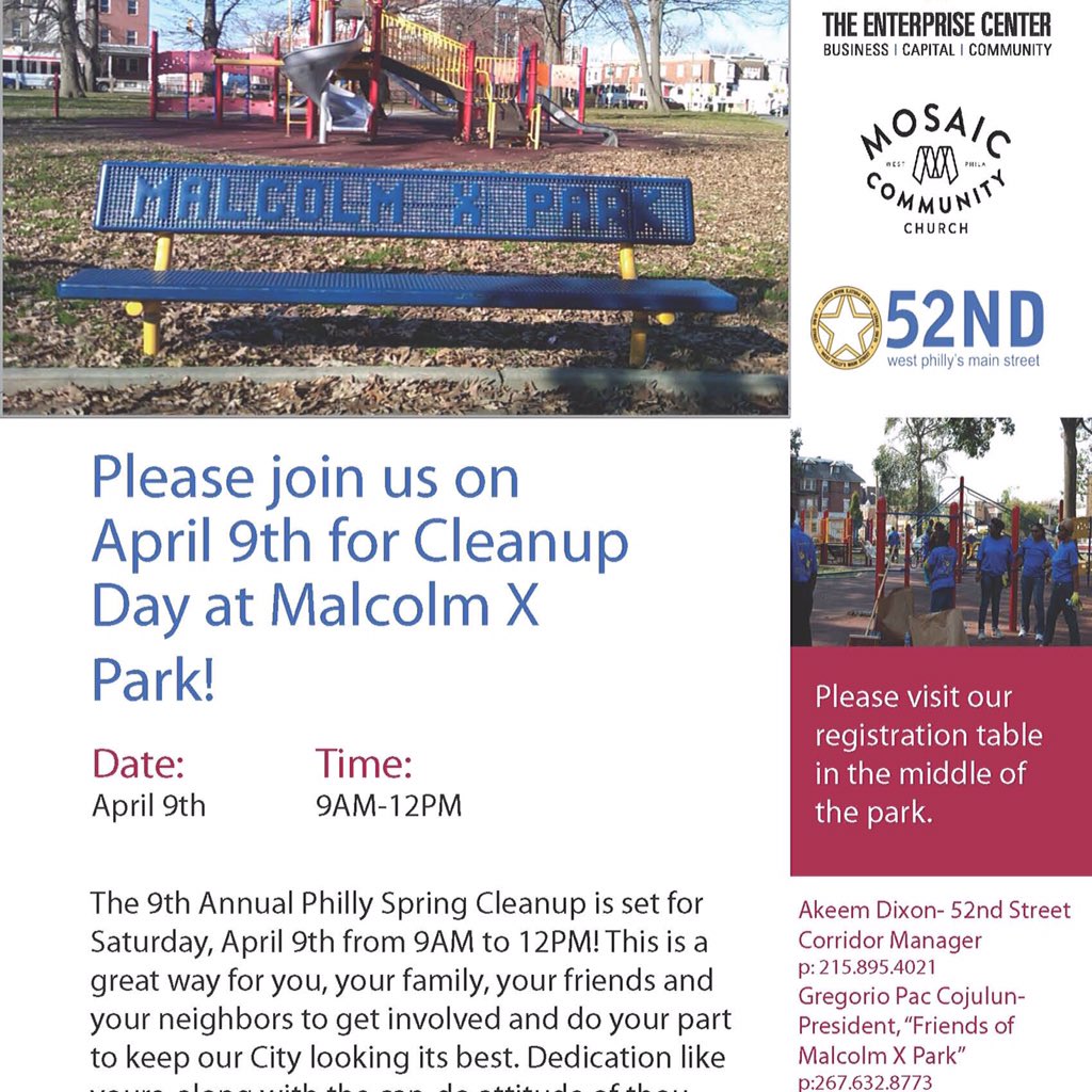 Join Mosaic Community Church, The Friends of Malcolm X Park, and <a href="/PhilaTEC/">The Enterprise Center</a> for the April 9th #PhillySpringCleanup