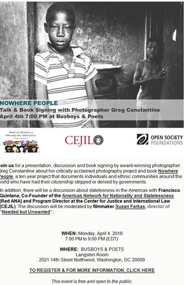 cejil's tweet photo. Apr. 4 7 PM @busboysandpoets: #NowherePeople book signing &amp; discussion on #Statelessness: https://t.co/pr6T8htNHa https://t.co/6FgWOavfOj