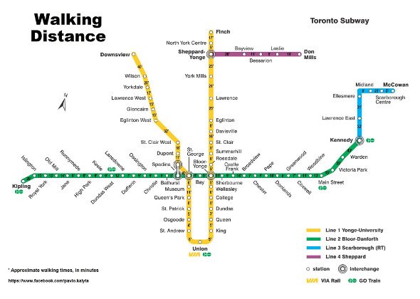 blogTO's tweet image. This handy map shows walking times between #TTC subway stops bit.ly/1UJbTaf