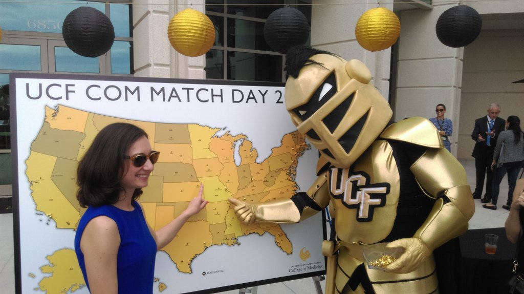 UCFMed's tweet photo. RECAP: Students are showing where they've matched on the big map up front! #Match2016 #fmamatchday #ucf https://t.co/v0MGbEmR0M