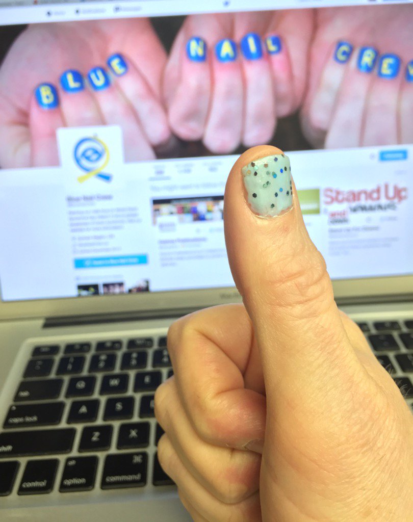 donvail's tweet photo. Spread awareness of Down syndrome today with blue nail polish. That's my thumb! #bluenailcrew @BlueNailCrew https://t.co/FL7Bd5TJ6M