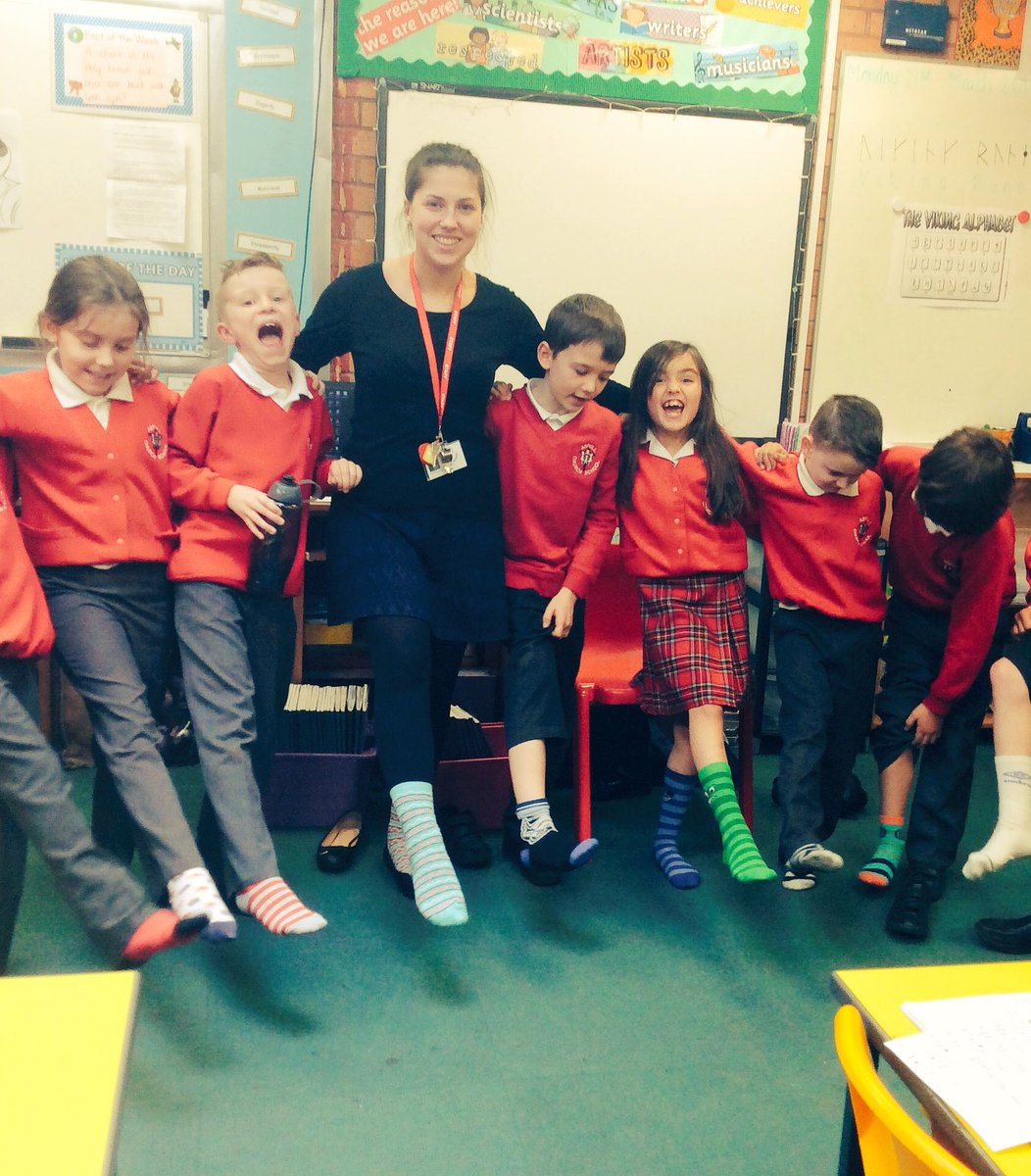 class4aspull's tweet photo. Wearing odd and bright socks! Teachers and children for #WDSD16 https://t.co/zKtGxBmZ5Y