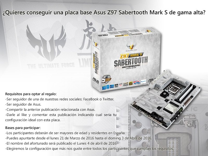 COOLMODcom's tweet photo. ¿Quieres conseguir una placa base Asus Z97 Sabertooh Mark S?
¡Nuevo Consurso!
@ASUS_ib https://t.co/4iyBZCNas1