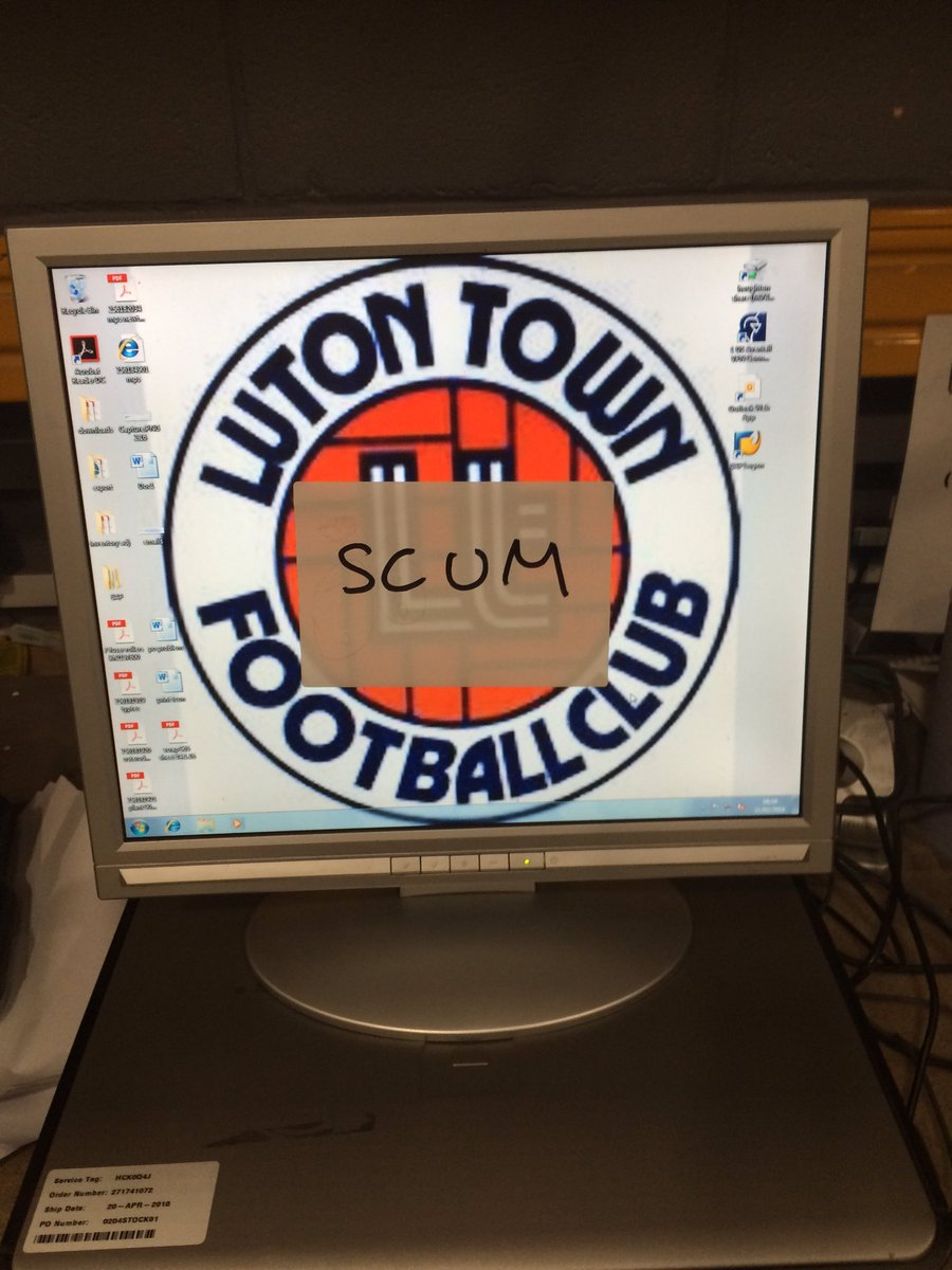 Warrenhornet's tweet photo. Couldn't resist putting this on a Scummers PC at work today #wehateluton https://t.co/Yw5RlnRl5Y