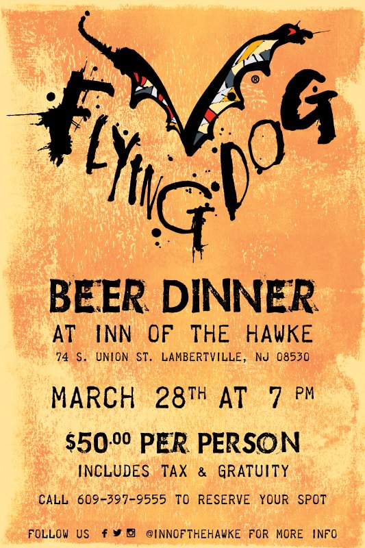 HunterdonBrew's tweet photo. Reserve your seats for this @FlyingDog Beer Dinner Mon 3/28 @InnoftheHawke in Lambertville!  https://t.co/ITWJN6CVu9 https://t.co/Xm4WHk6rjb