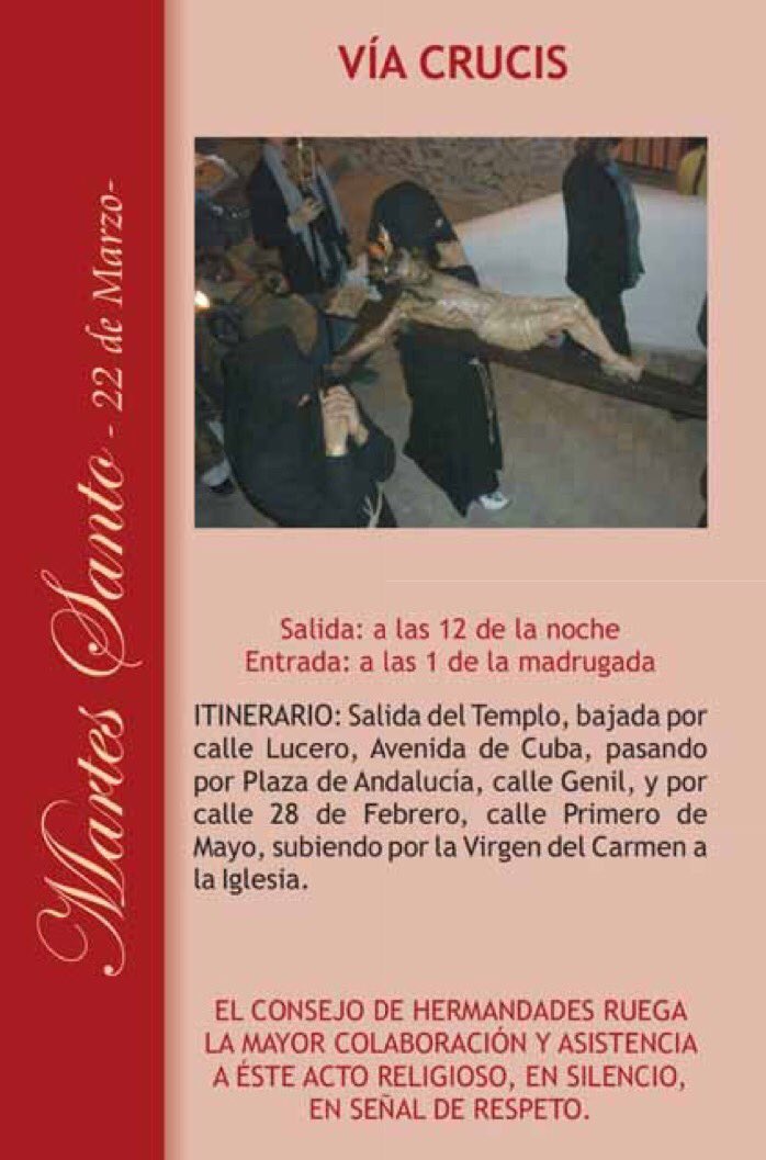 SentirCofradeB's tweet photo. Martes, 22 de Marzo: Vía Crucis a partir de las 12 de la noche. #SemanaSanta2016 #Badolatosa https://t.co/hn3gwHrqFF