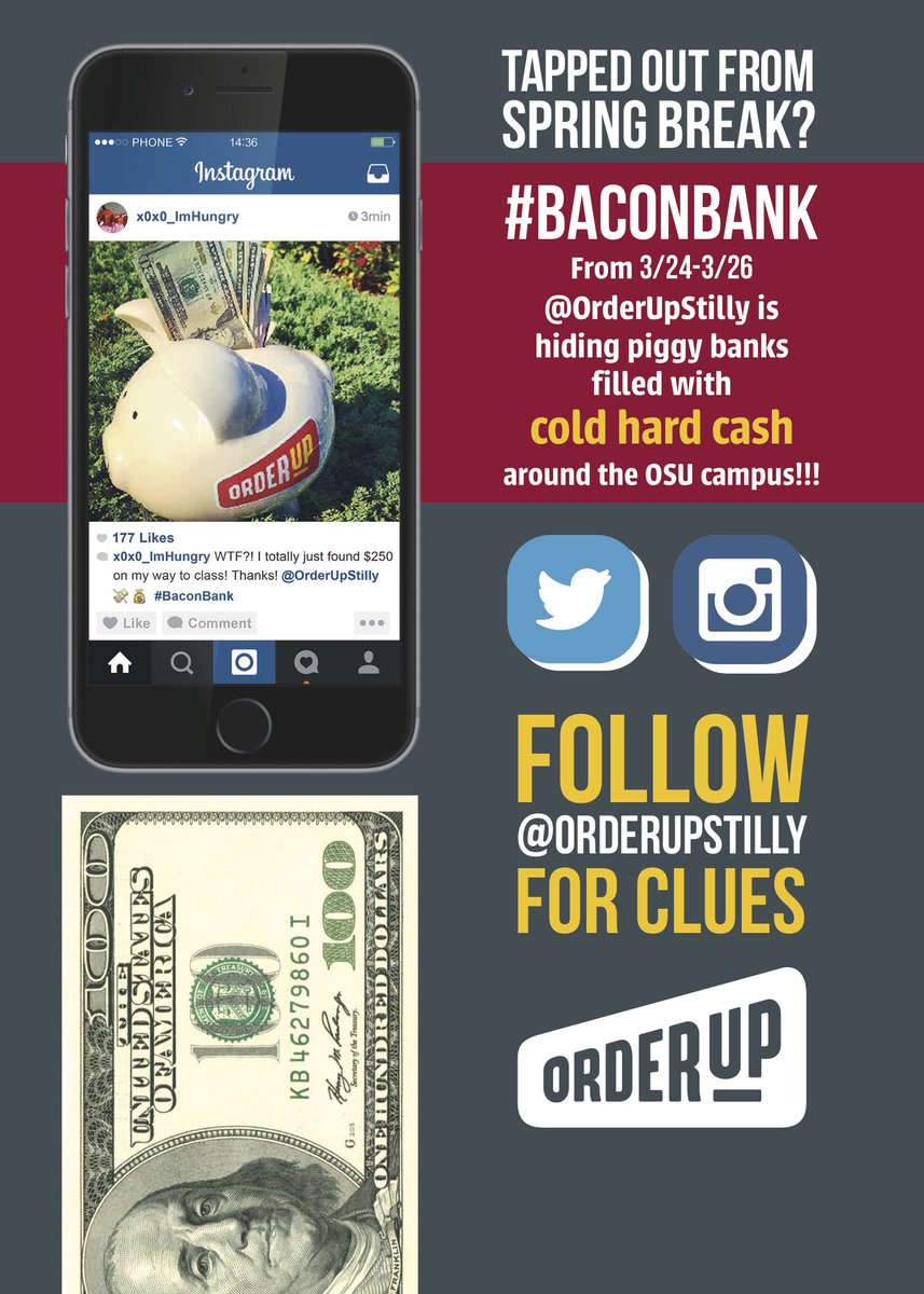 orderupstilly's tweet photo. Welcome back #Cowboys! The only thing better than spring break? FREE CASH. #BaconBank is coming, follow for clues! https://t.co/fMPqmawLID