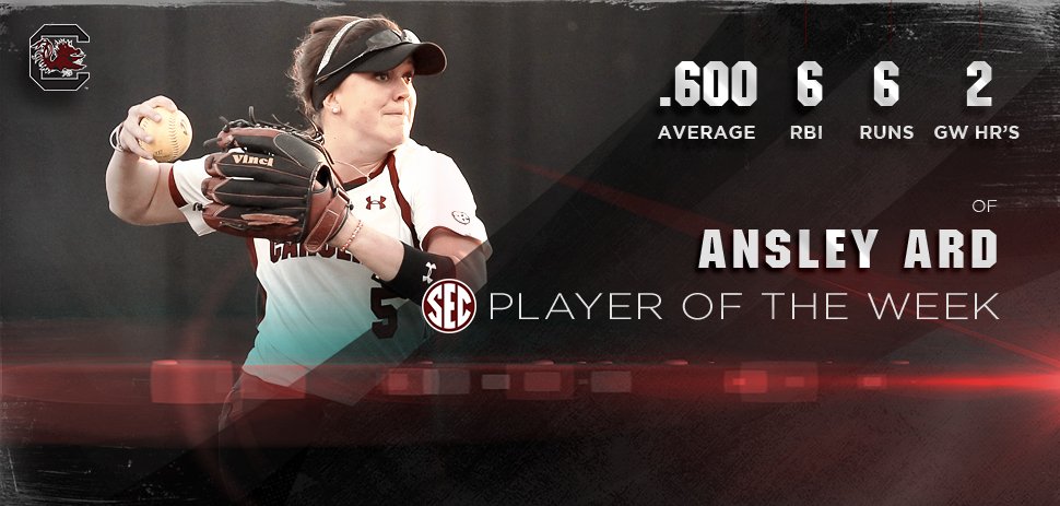 GamecockSoftbll's tweet photo. That's right, big shoutout to #Gamecocks Ansley Ard, the @SEC Softball Player of the Week! https://t.co/K9ztoIYE1V https://t.co/ThfnZsXhAc