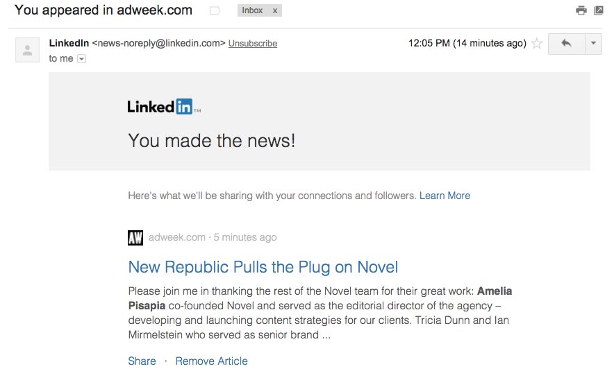 Thanks for the reminder @LinkedIn! Maybe consider filtering 'You made the news!' emails for context...