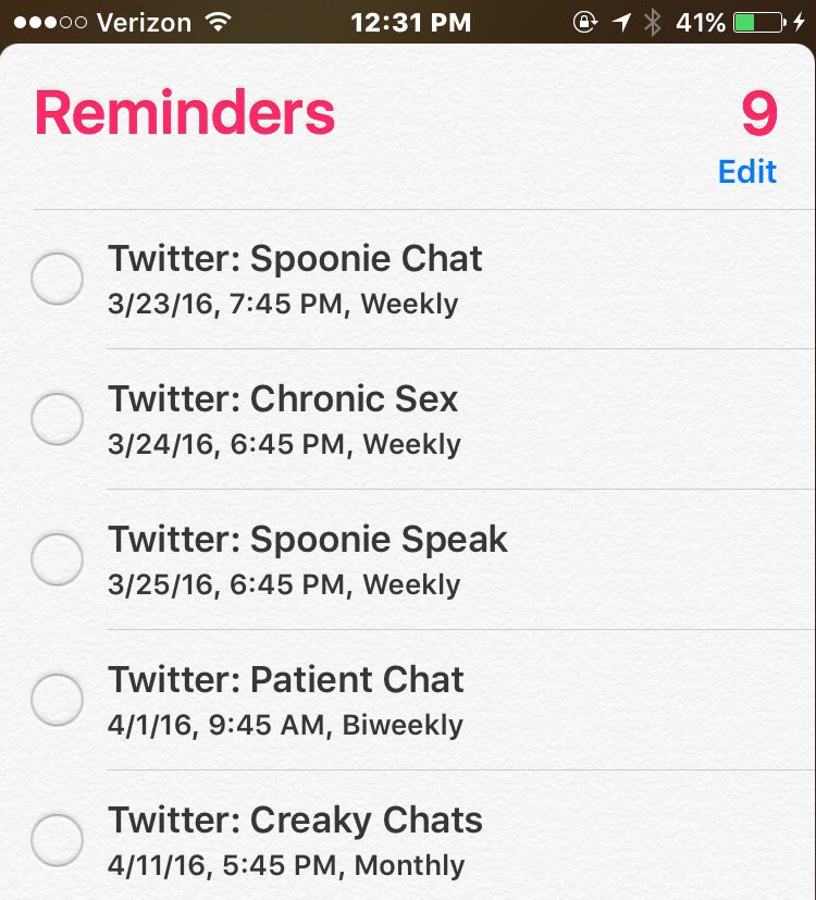FibroShilo's tweet photo. Here's a screenshot of my #RemindersApp for #spoonie related #twitterchats. Hope it helps #newbies. ☺️ Missing any? https://t.co/gSpUQ2v8zM