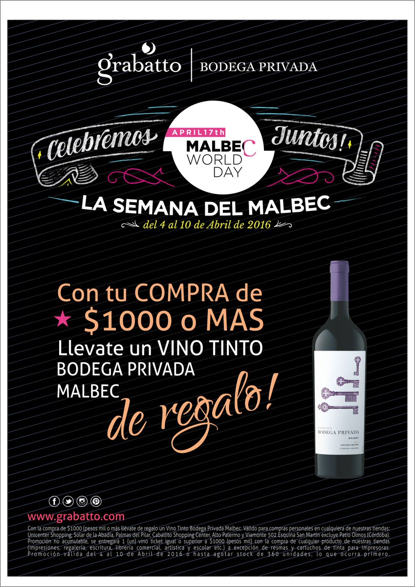 Grabatto's tweet photo. #SemanaDelMalbec del 4 al 20 de Abril con tu compra en @Grabatto te llevas un #Malbec #BodegaPrivada #Imperdible https://t.co/PoYtg1SRjU