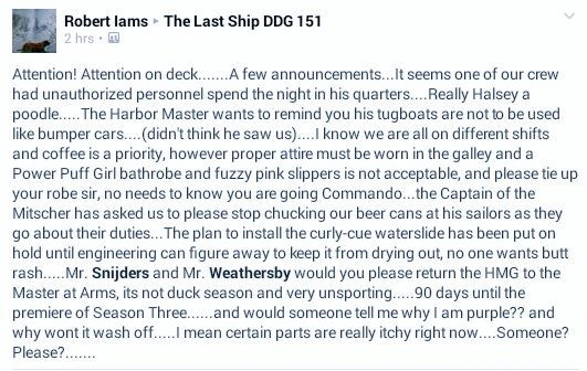 timercsr's tweet photo. THE LAST SHIP fans, fantastic grp on Facebook (DDG151), hilarious, informative, supportive. Chk it out. @tlsdaily https://t.co/MbotlUPRUK