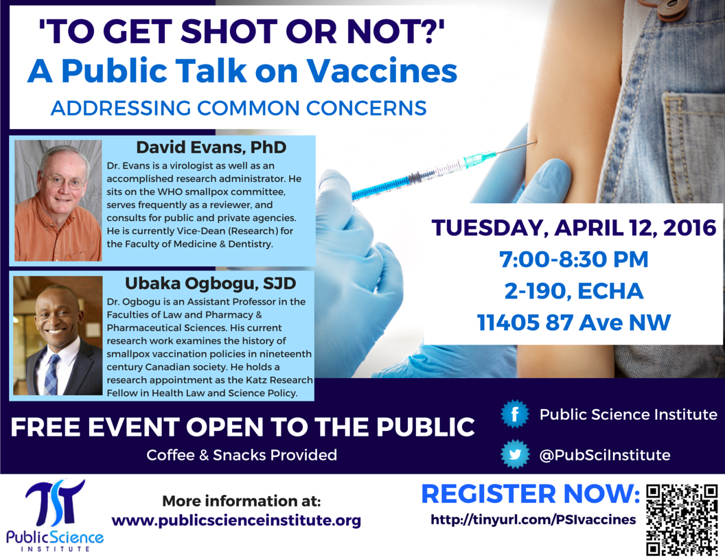 PubSciInstitute's tweet photo. #Free talk on #vaccines! If scientific jargon has prevented you from learning about vaccines, this is for you! #yeg https://t.co/pmCvj74VrU