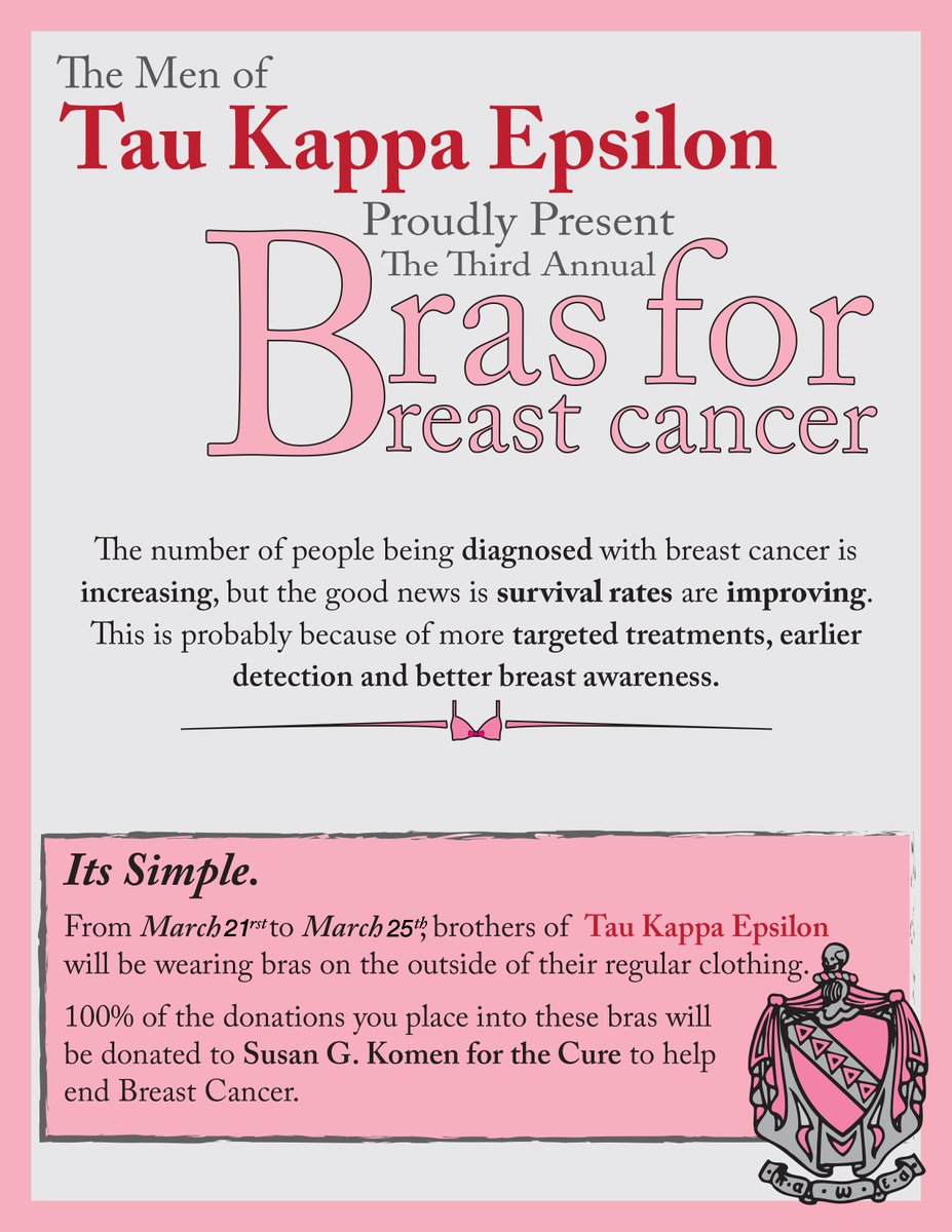 KeeneStateTKE's tweet photo. Look out for the brothers of TKE wearing bras and help us raise funds for Susan G. Komen for the Cure! #TKE #IAMTKE https://t.co/9wOU5Ue3hu