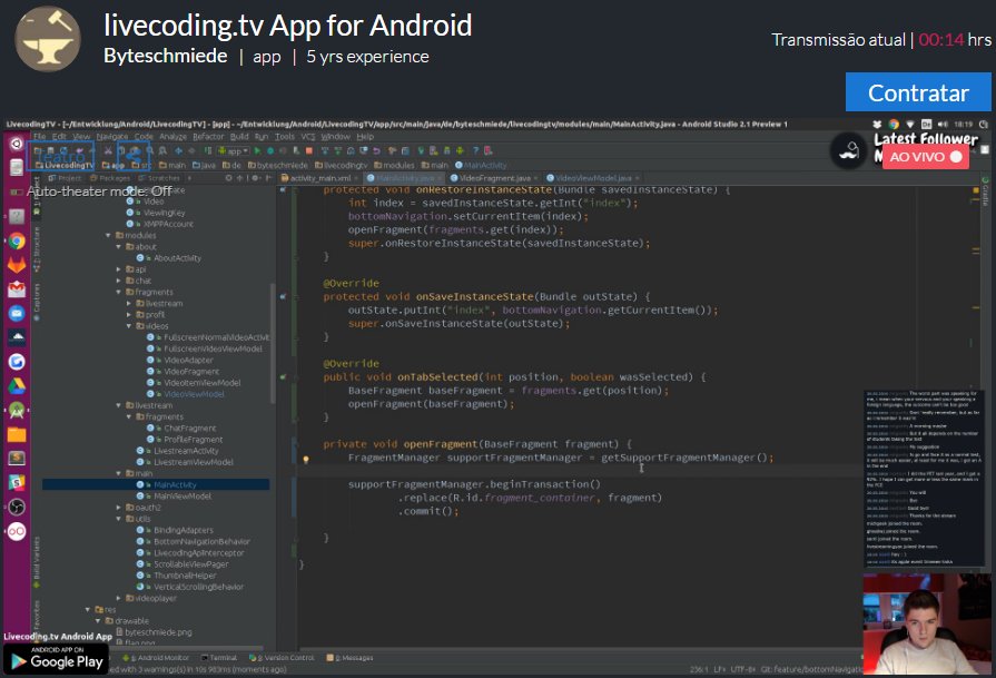 LivStreaminYan's tweet image. #AoVivo:
#Aplicativo do #LivecodingTV sendo desenvolvido para #Android: livecoding.tv/byteschmiede/