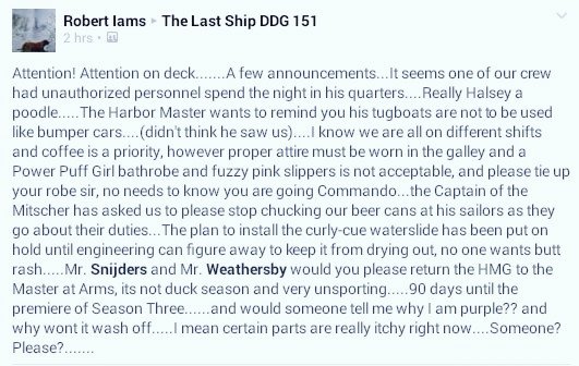 timercsr's tweet photo. @arsenault_judy @TheLastShipTNT 
chk out grp on facebk (DDG151), hilarious, informative, supportive. Waiting 4 S3 https://t.co/sgoNascD1j