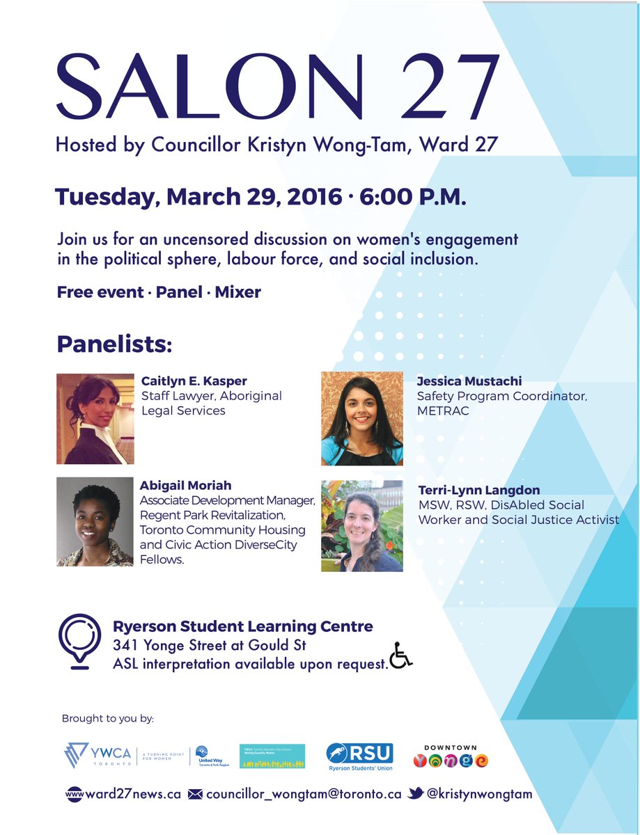 kristynwongtam's tweet photo. Hey #Toronto women. Let's have a heart to heart about community, equity, safety + city building. #Salon27 #TOpoli https://t.co/l4RXRhJNNV
