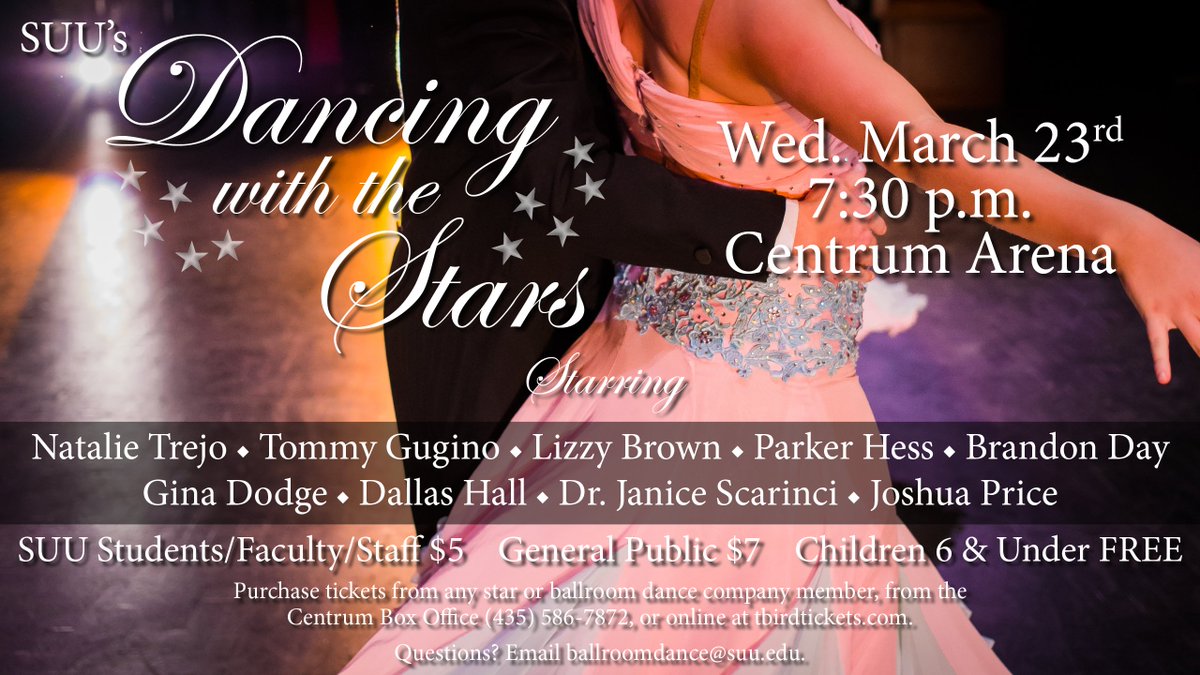 SUUClubs's tweet photo. Come cast your vote for your favorite star at SUU Ballroom Dance Company's Annual Dancing with the Stars! https://t.co/JMhOk1D608