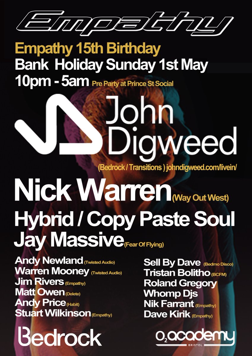 EmpathyBristol's tweet photo. @DJJohnDigweed @Twistedaudiocom @CopyPasteSoul @DJNickWarren @hybridsound @whompdjs @o2academybris @StuartWilkinson https://t.co/g0MThYeqDb