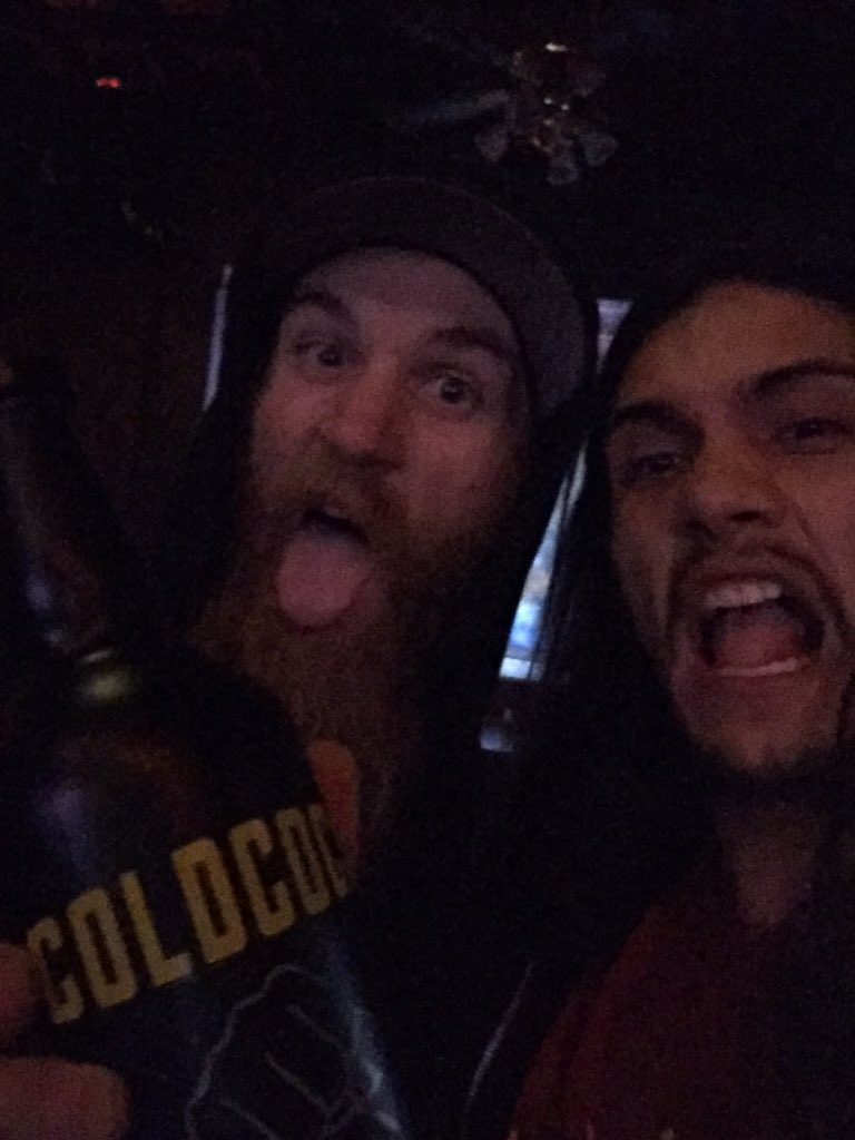 sinicle's tweet photo. #Sinicle with our boys @Kings_Carnage are laying west on our #wildwildwestcoasttour fueling up with @coldcockwhiskey https://t.co/mGDv3MlHjm