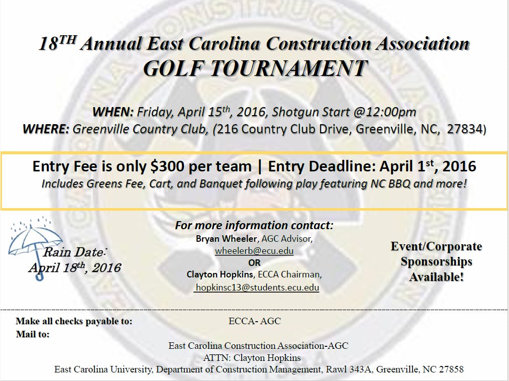 Don't forget to sign up for the 18th Annual East Carolina Construction Association Golf Tournament on April 15th!