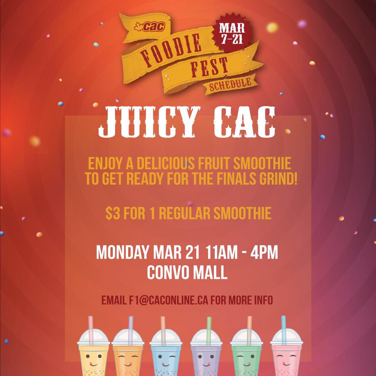 SFUCAC's tweet photo. Yummy fresh fruit smoothies at convo mall right now! Grab em before they sell out! #sfucac https://t.co/SPNDMaUXCT