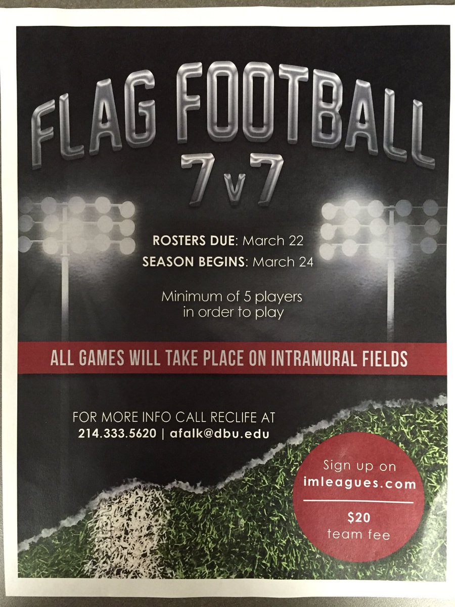 reclifedbu's tweet photo. 7v7 Flag Football rosters are due Wednesday at 1:00 pm! Be sure to get your teams in, and get ready to play! https://t.co/n3diVbKJei