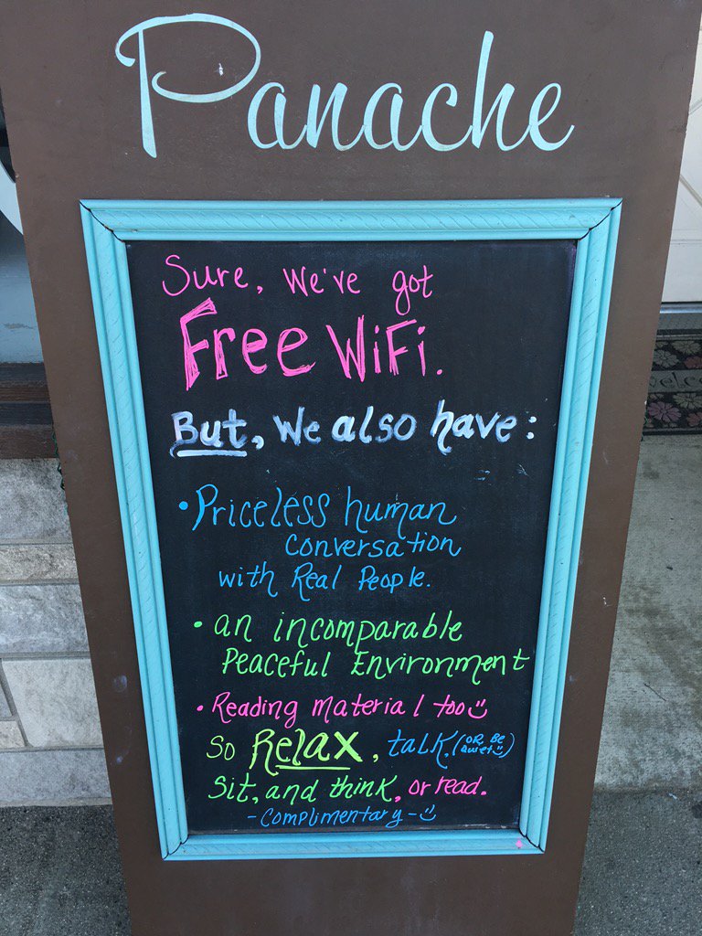 spalonpanache's tweet photo. #freewifi #peaceisbetterthanwifi #RelaxUnwindUnplug #orlookatyourphone #wedontmind :) https://t.co/dSnMSO9qbX