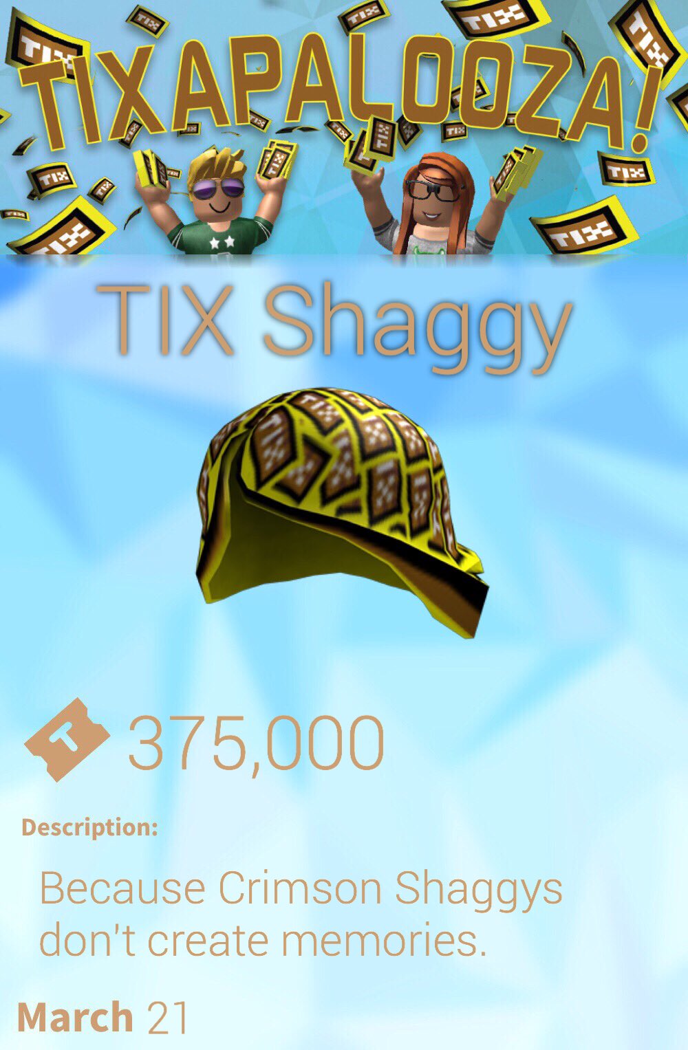 Worldblox On Twitter Because Crimson Shaggys Don T Create Memories Get Today S Tixapalooza Item Tix Shaggy Https T Co Xqgikhpxin Https T Co Aol2zyp2sb - tix shaggy roblox