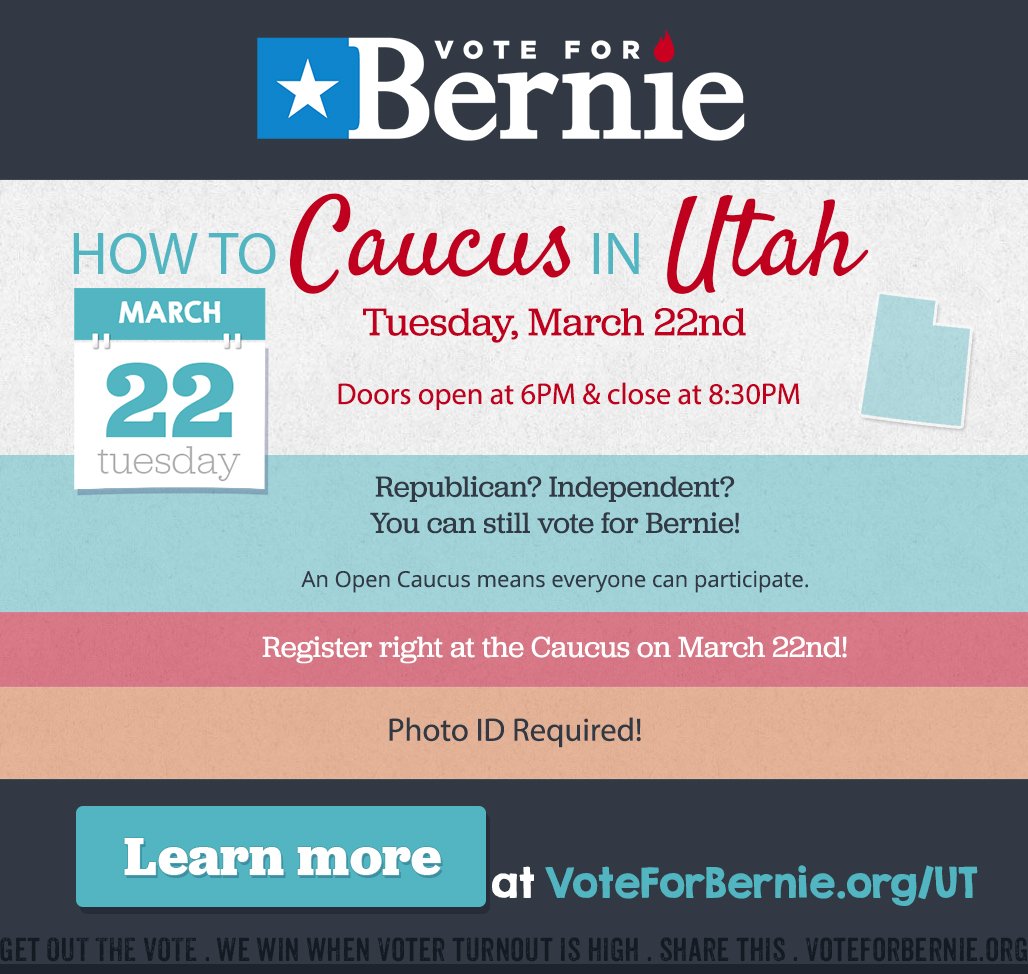 vote_for_bernie's tweet photo. Caucus for Bernie this Tuesday in Utah! #UtahCaucus #ByThePeople https://t.co/Au2z6UFeDX