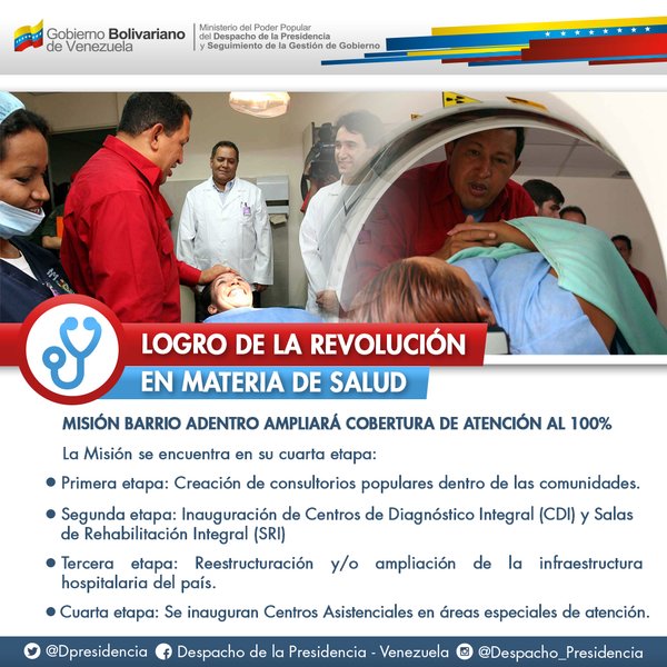 PartidoPSUV's tweet photo. #ElDato Misión Barrio Adentro ampliará cobertura de Atención al 100%. Logro de la Revolución en Materia de Salud. https://t.co/cfroGNkhZA