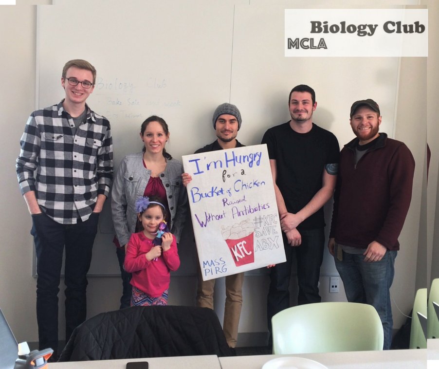 MASSPIRGMCLA's tweet photo. The @MCLA_EDU Biology Club is calling on @KFC to serve meat raised without antibiotics! #KFCSaveAbx https://t.co/LNoMxJYdj7