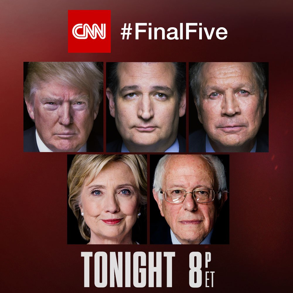 We're down to the #FinalFive. CNN interviews all 5 presidential candidates tonight cnn.it/1pYjAOp