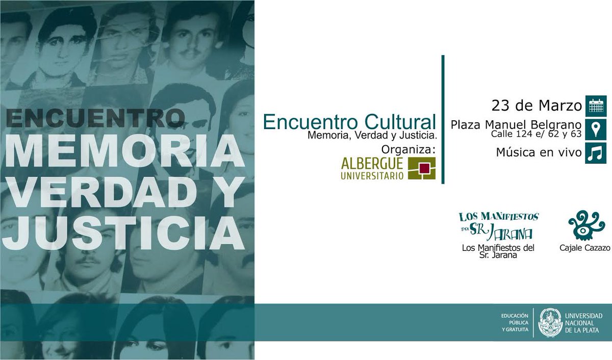 #40Años #MesDeLaMemoria El <a href="/AlbergueUNLP/">Albergue UNLP</a> te invita a encuentro cultural en plaza Manuel Belgrano de Berisso