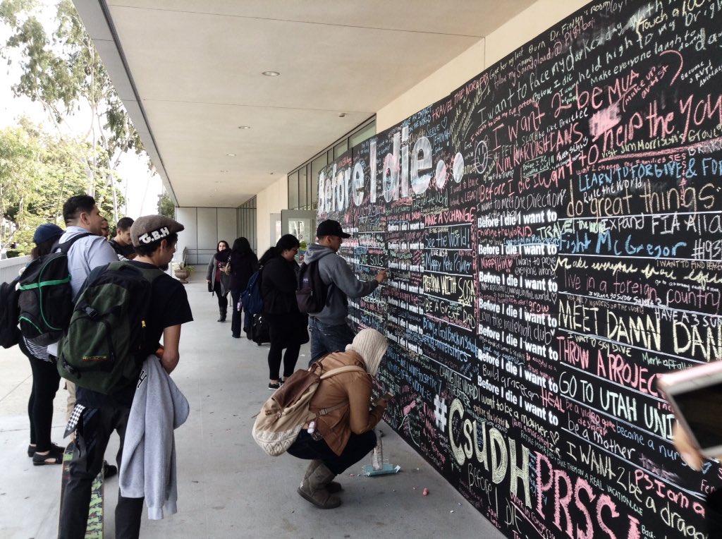 trishxgreen's tweet photo. Stoked to see the wall already filled! You can't tell me CSUDH isn't full of spirit. #beforeidie #toroPIC @pic_prssa https://t.co/05Ca4Mlr2b