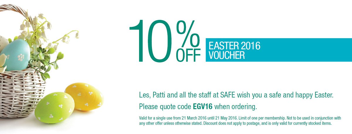 The Easter Bunny is early with your 10% off #Easter voucher. Quote EGV16 when you #hop onto safe.com.au