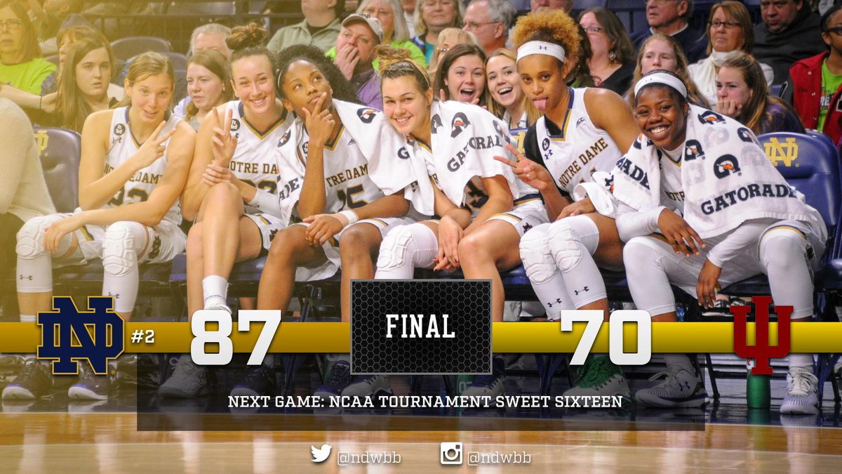 Dear Sweet Sixteen ...

HERE COME THE IRISH

<a href="/ndwbb/">Notre Dame Women's Basketball</a> 87 | Indiana 70

See you in Lexington.