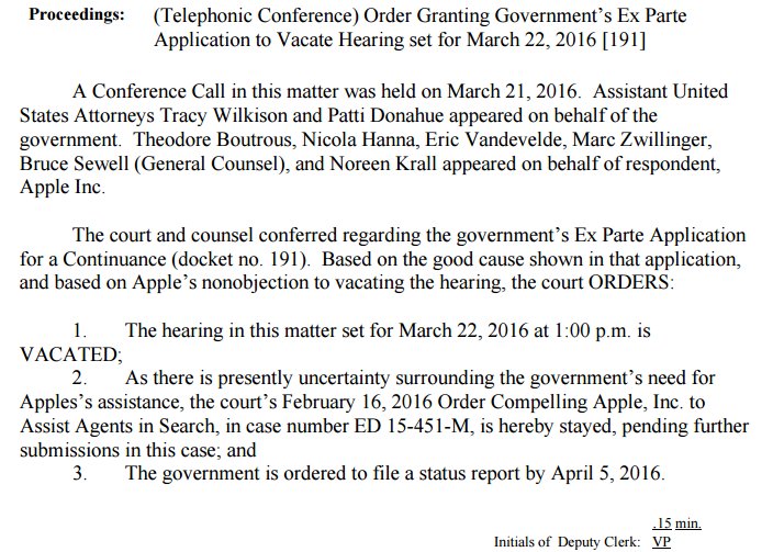 chrisgeidner's tweet image. BREAKING: In addition to canceling hearing, judge STAYED the All Writs Act order previously issued against Apple.