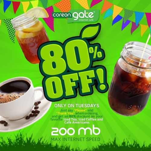 CoreonGate's tweet photo. Just say Please and Thank You and enjoy 80% off on your favorite Iced Coffee, Iced Tea or Cafe Americano #coreongate https://t.co/LyWD6BPUt7
